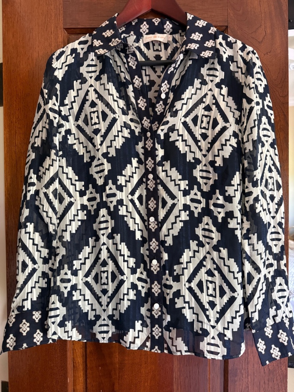 Tory Burch Navy & White Geometric Button-Front Blouse Small